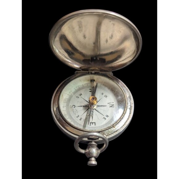 Antique Pocket Compass With Silver Look Case Made In France 2-Inch Diameter Pre- - Picture 1 of 6